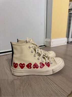 Comme des Garçons High-Top Canvas Sneakers in Cream with Red Heart Motif